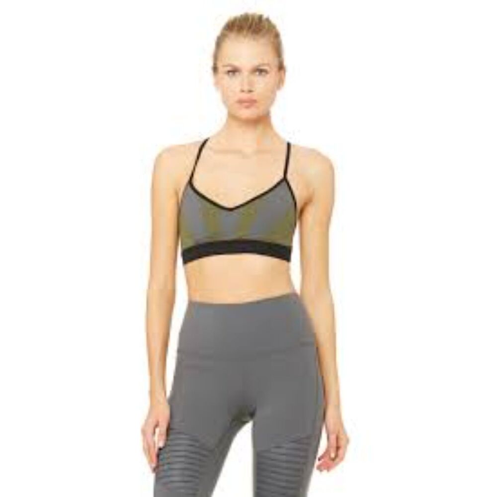 Alo Yoga Radiance Bra Green Gray Black Strappy Back Size M